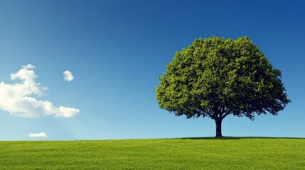 Obraz premium Solitary Tree on a Hilltop: A single, vibrant green tree stands tall on a lush green hill, reaching toward a bright blue sky dotted with fluffy white clouds.