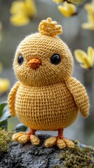 Adorable crocheted chick figurine on mossy rock with blurred yellow flowers background.