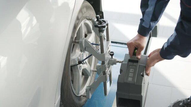 Mechanic performing a wheel alignment process in a modern workshop. Professional equipment is used to ensure accurate vehicle alignment for optimal performance and safety