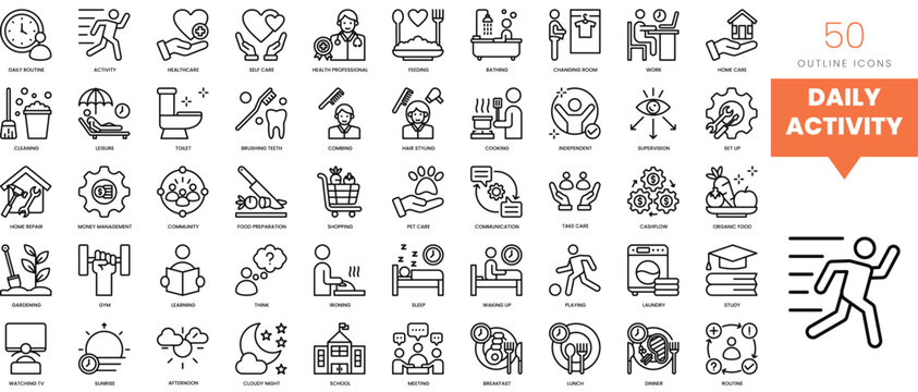 Set of minimalist linear daily activity icons. Vector illustration