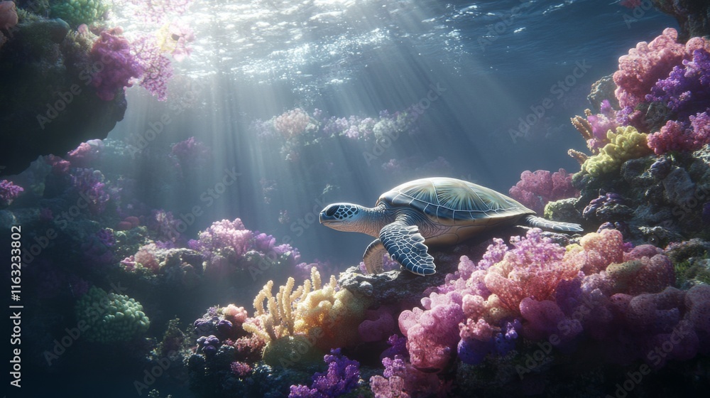 Poster a peaceful image of a sea turtle resting on a rocky seabed, with soft corals and colorful sponges su