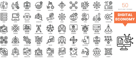 Set of minimalist linear digital economy icons. Vector illustration