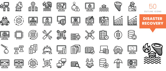 Set of minimalist linear disaster recovery icons. Vector illustration
