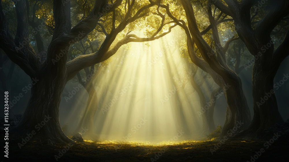 Poster enchanted ancient forest with massive towering trees and ethereal light rays
