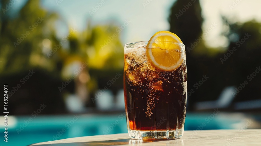Poster a refreshing glass of fizzy soda garnished with citrus slices, sitting on a poolside table with a bl