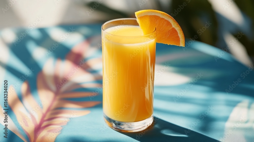 Poster a refreshing glass of orange juice with a slice of orange on the rim, placed on a colorful tableclot