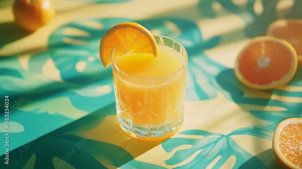 Poster a refreshing glass of orange juice with a slice of orange on the rim, placed on a colorful tableclot