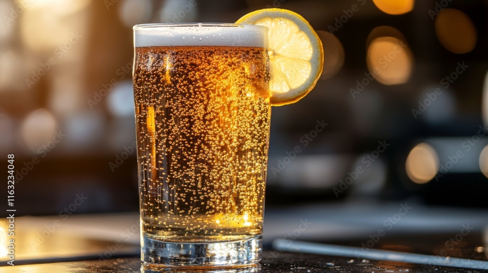 Poster a refreshing lager in a tall glass with bubbles rising to the surface, accompanied by a slice of lem