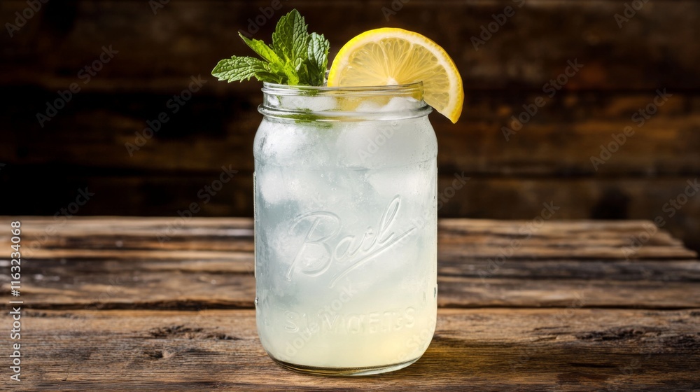 Poster a refreshing soda served in a mason jar with ice, topped with a lemon slice and mint, sitting on a r