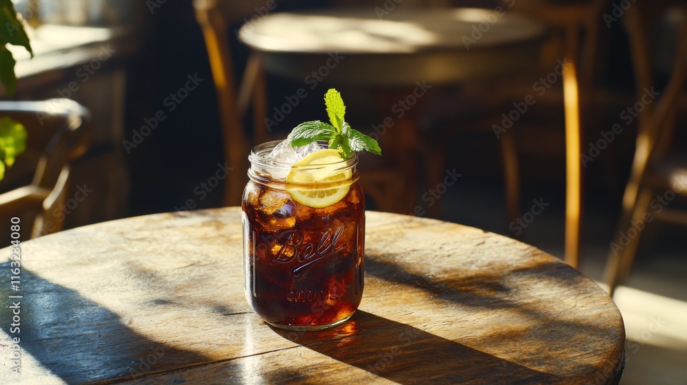 Poster a refreshing soda served in a mason jar with ice, topped with a lemon slice and mint, sitting on a r