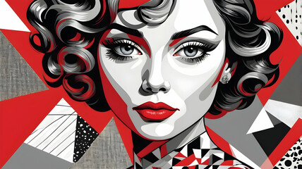 Stylish woman portrait, red and black geometric background.