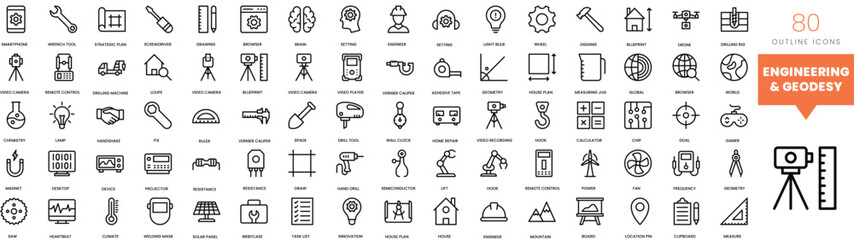 Set of minimalist linear engineering and geodesy icons. Vector illustration