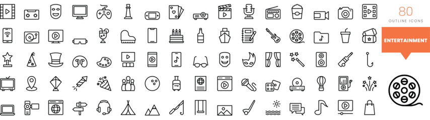 Set of minimalist linear entertainment icons. Vector illustration