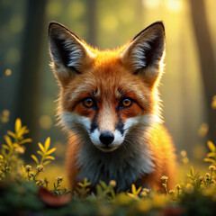 Obraz premium Red fox staring at the camera in a forest with golden sunlight filtering through trees