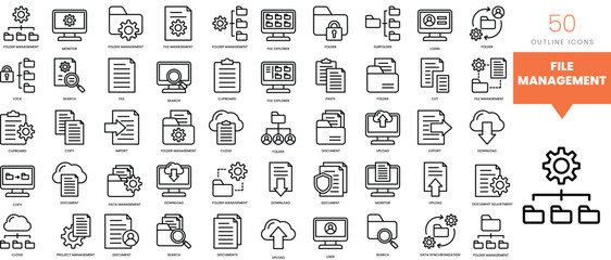 Set of minimalist linear file management icons. Vector illustration