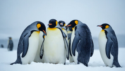 Fototapeta premium Group of emperor penguins huddling together in the snow during winter