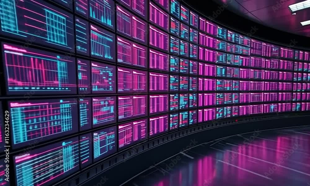 Poster futuristic data center: a symphony of screens displaying dynamic information