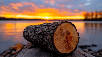 Sunset Reflection: A weathered tree trunk rests on a shoreline, its grain patterns mirroring the vibrant hues of a fiery sunset casting its glow on the tranquil lake waters.