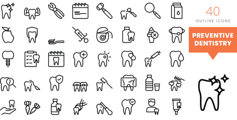 Set of minimalist linear general and preventive dentistry icons. Vector illustration