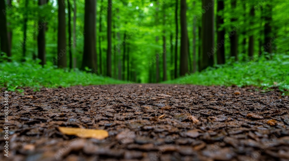 Poster forest path: a close-up view of a winding pathway leading deep into a lush, verdant forest, inviting