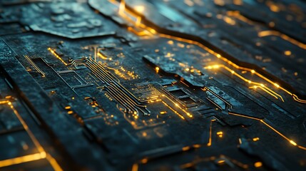 Obraz premium Close-up of a futuristic, dark metallic circuit board with glowing orange lines.