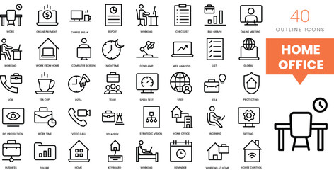 Set of minimalist linear home office icons. Vector illustration