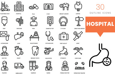 Naklejka premium Set of minimalist linear hospital icons. Vector illustration