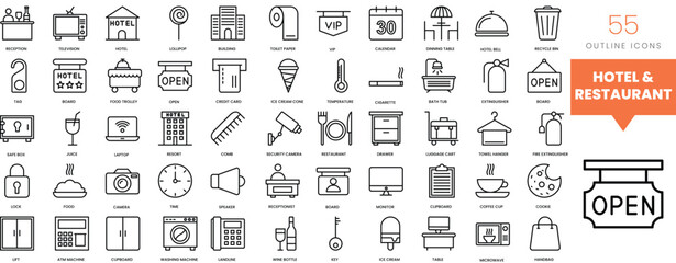 Set of minimalist linear hotel and restaurant icons. Vector illustration