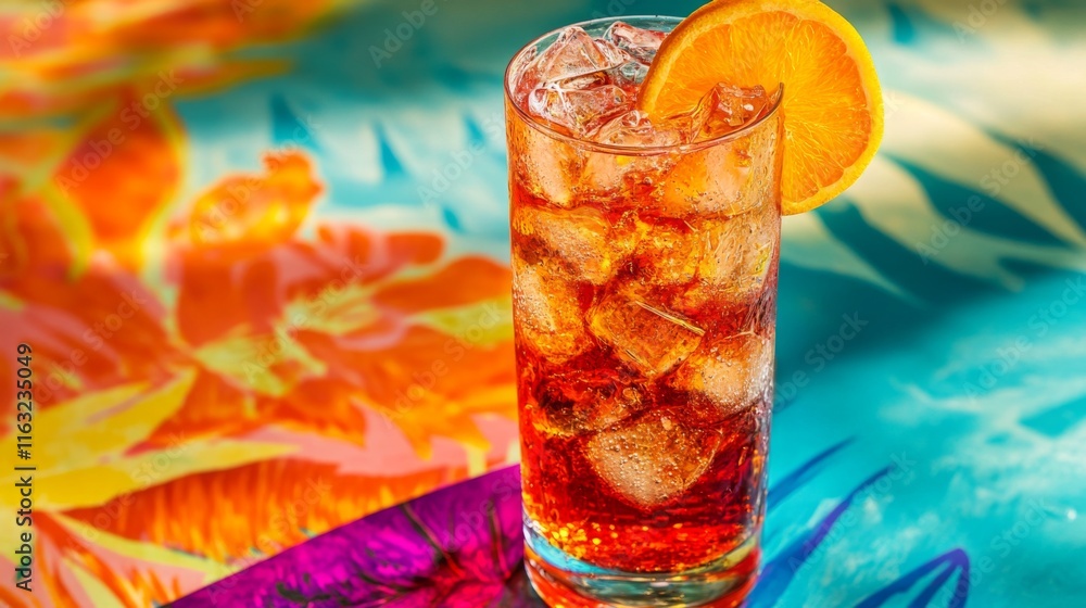 Poster a tall glass of bright soda with a slice of orange and ice, placed on a vibrant tablecloth, creating