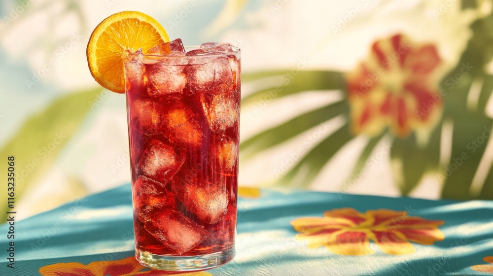 Poster a tall glass of bright soda with a slice of orange and ice, placed on a vibrant tablecloth, creating