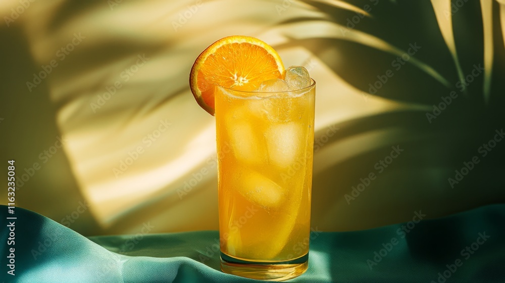 Poster a tall glass of bright soda with a slice of orange and ice, placed on a vibrant tablecloth, creating