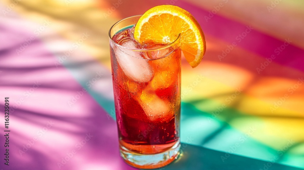 Poster a tall glass of bright soda with a slice of orange and ice, placed on a vibrant tablecloth, creating
