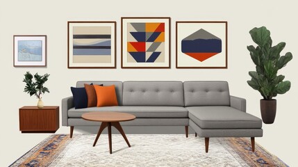 A stylish mid-century modern sofa set against a gallery wall, adorned with framed artwork, creating a trendy and artistic living space.