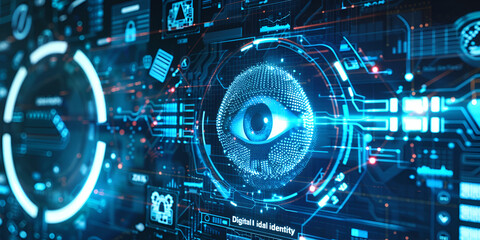 Futuristic digital eye scanning interface with holographic technology, Advanced biometric security system visualization

