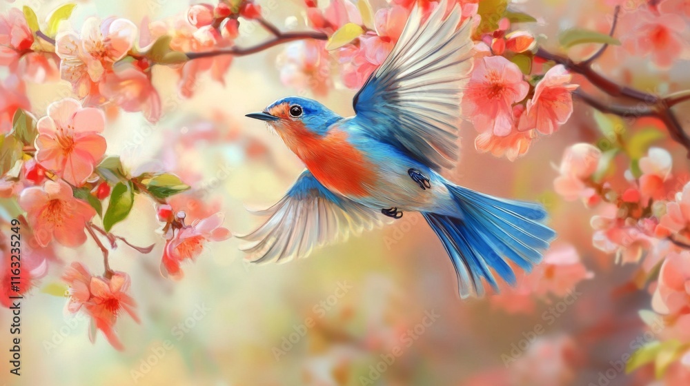 Poster a vibrant bluebird in full flight, captured in sharp detail as it flits between branches, surrounded