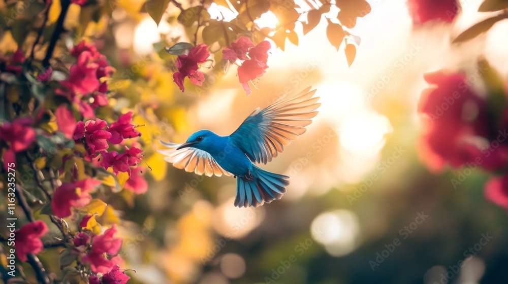 Poster a vibrant bluebird in full flight, captured in sharp detail as it flits between branches, surrounded