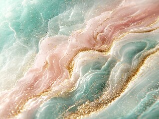 Fototapeta premium A radiant texture of shimmering holographic waves glowing softly in pastel tones of pink, aqua, and gold. Surround the waves with delicate glitter particles floating gently, creating an ethereal 
