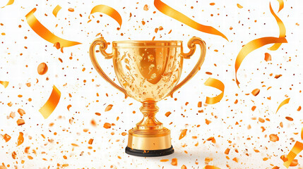 Golden trophy with confetti and ribbons celebrating victory