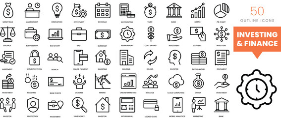Set of minimalist linear investing and finance icons. Vector illustration