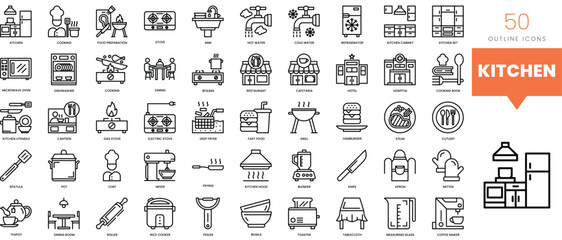 Set of minimalist linear kitchen icons. Vector illustration