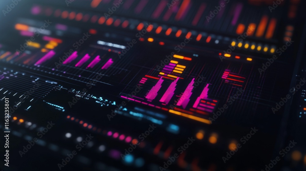 Poster Close-up of a colorful business graph with bars and lines, displaying financial growth and market trends, with soft lighting highlighting the data.