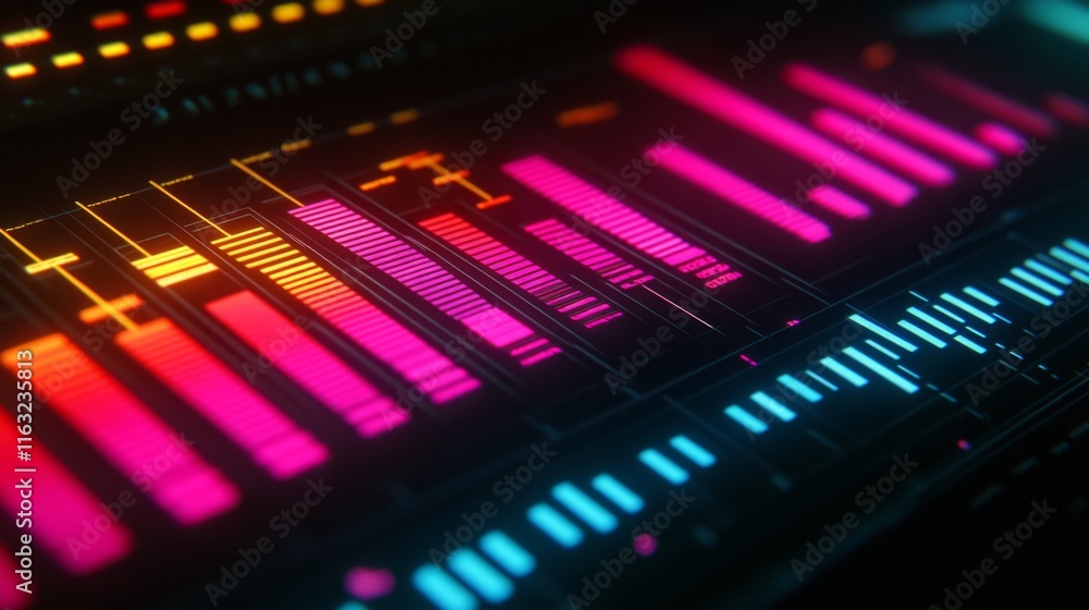 Leinwandbilder Close-up of a colorful business graph with bars and lines, displaying financial growth and market trends, with soft lighting highlighting the data.