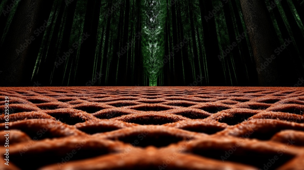 Poster forest path perspective: intriguing low angle view of a textured pathway leading into a dense bamboo