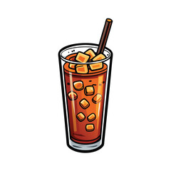 Create a vibrant vector illustration of Thai iced tea in a tall glass with ice, showing its rich orange color and condensation.  Include a single ice cube visibly melting.