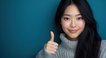 Young Asian Woman Giving Thumbs Up on Teal Background