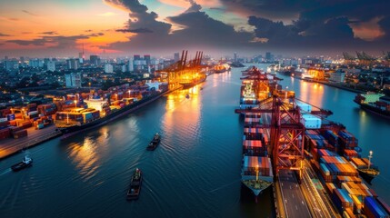 Fototapeta premium Maritime logistics center at night beautifully lit, AI generated image