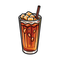 Create a vibrant vector illustration of Thai iced tea in a tall glass, garnished with ice and a wedge of lime.  Show the rich, orange-red color vividly.