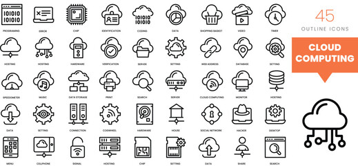 Set of minimalist linear network and cloud computing icons. Vector illustration