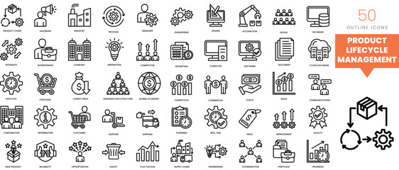 Set of minimalist linear product lifecycle management icons. Vector illustration