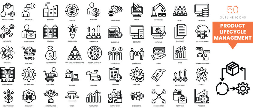 Set of minimalist linear product lifecycle management icons. Vector illustration